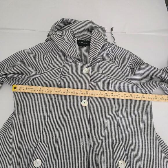 JNY Linen Blend Hooded Tunic Jacket Sz L Black White Striped Coastal Oversized - Picture 6 of 9